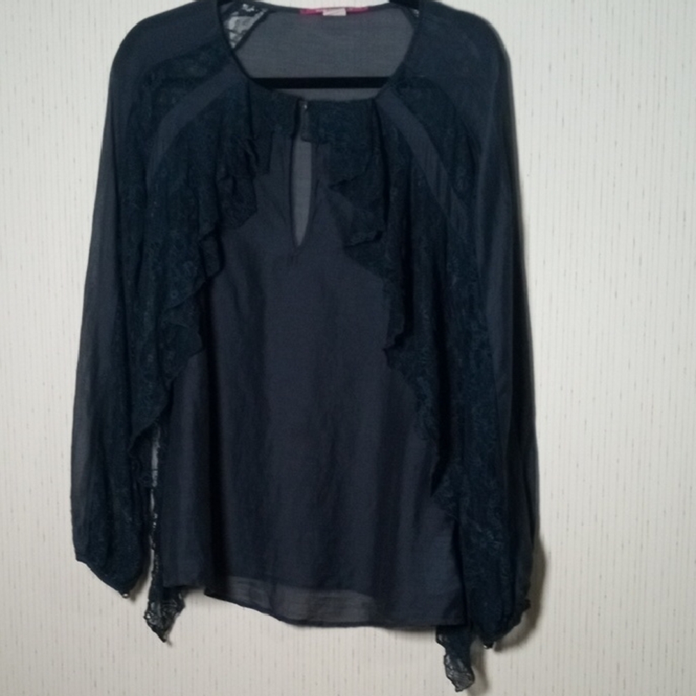 Elegant Navy blue,Blouse with Lace Details, Cottage Core, Silk, Cotton